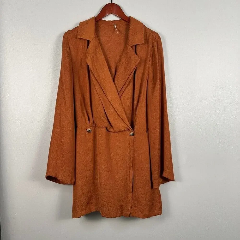 Free People Simone Notch Lapel Cinnabar Mini Dress Size Medium Brown Long Sleeve